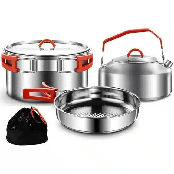 Die 10 besten Trekking-Töpfe, die das Kochen unterwegs zum Kinderspiel machen 6 Edelstahl-Campingkochgeschirrset mit Wasserkocher