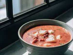 Kräftige Kidneybohnensuppe mit Rindfleisch, Kartoffeln und kleinen Mehlklößchen in einer Schale