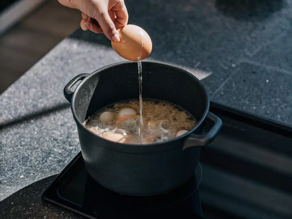 Chinesische Eierflockensuppe mit Erbsen und Pilzen 2 Verquirltes Ei fließt in einen Topf mit Brühe, Erbsen und Pilzen