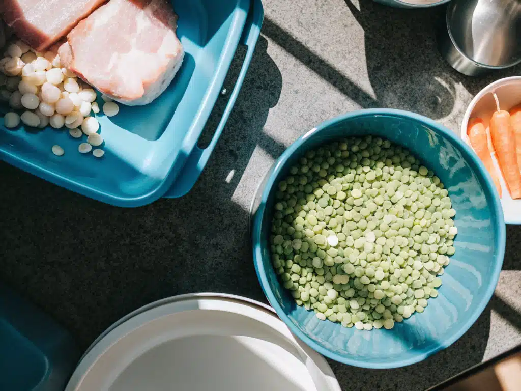Cremige Erbsensuppe mit Schinken 2 Zutaten für Erbsensuppe mit Schinken auf einer hellen Arbeitsfläche