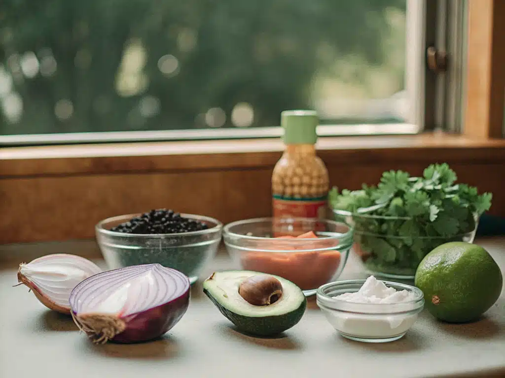 Sämige schwarze Bohnensuppe mit Avocado 2 Zutaten für schwarze Bohnensuppe auf einer Küchenarbeitsfläche