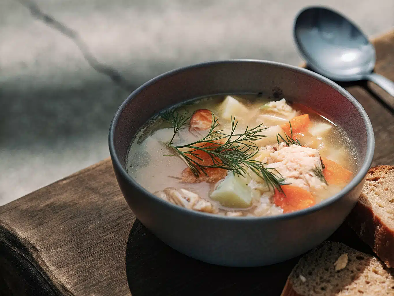 Ukha: Russische Fischsuppe mit Kabeljau und Lachs 1 Schüssel Ukha mit Kabeljau, Lachs, Kartoffeln, Möhren und frischem Dill