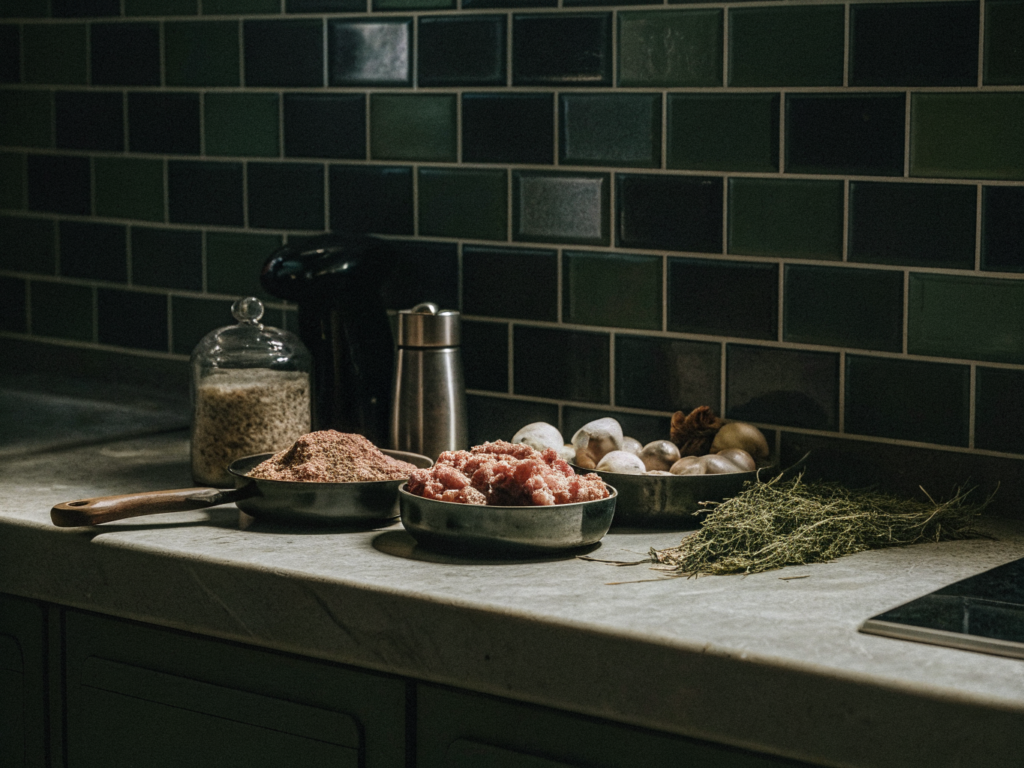 Gulasch aus dem Ofen ohne Anbraten 2 Zutaten für Gulasch aus dem Ofen auf einer Arbeitsfläche