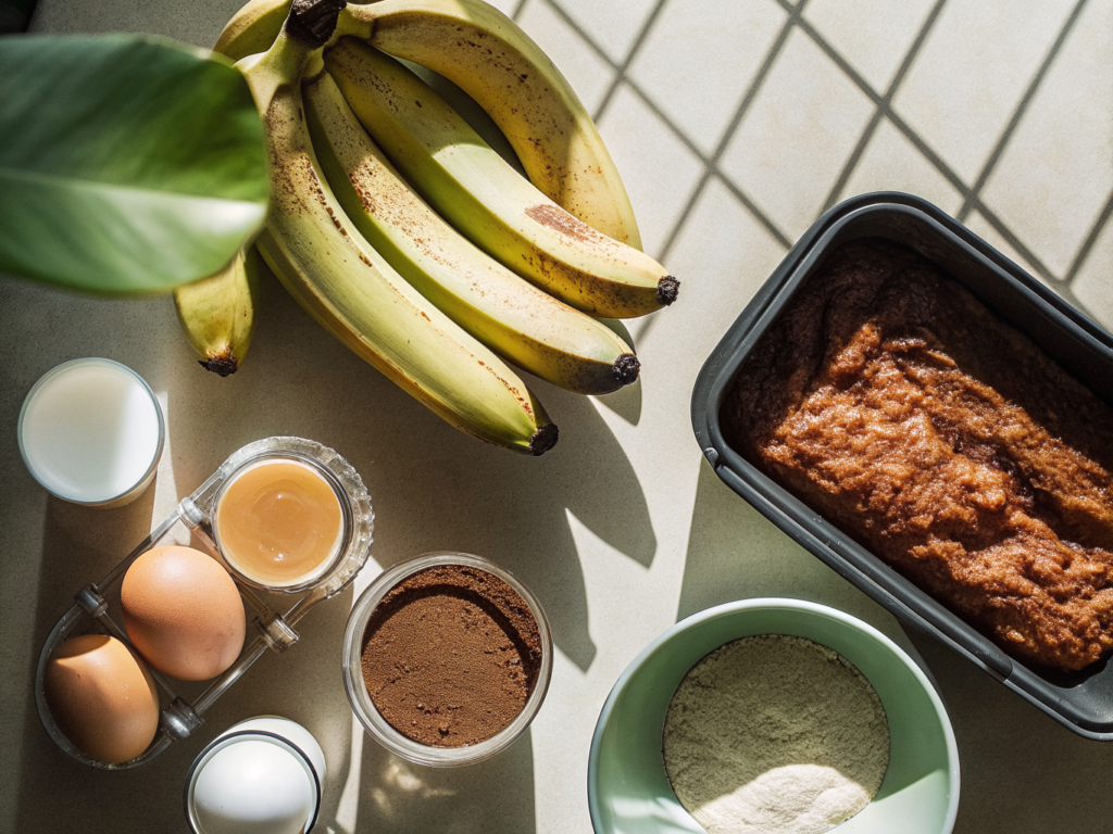 Bananenkuchen ohne zugesetzten Zucker mit Marmormuster 2 Zutaten für Bananenkuchen mit Kakao und kleine Springform auf der Arbeitsfläche
