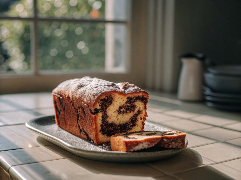 Marmorkuchen mit Puderzucker auf einem Teller, eine Scheibe zeigt das helle und dunkle Muster.