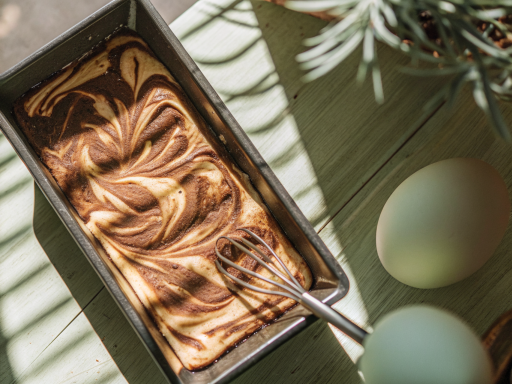 Saftiger Marmorkuchen aus der Kastenform 2 Heller und dunkler Teig in einer Kastenform, durch den eine Gabel Marmorspiralen zieht.
