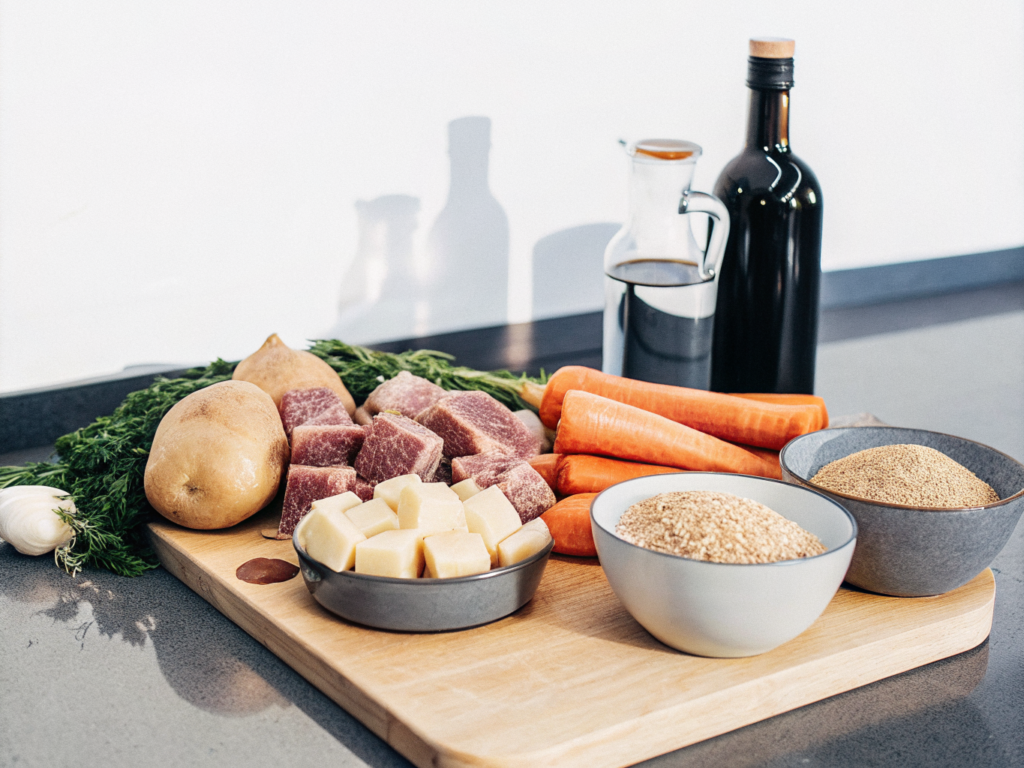 Irish Stew mit Lamm, Weizen und Wurzelgemüse 2 Zutaten für Irish Stew mit Lamm, Weizen, Gemüse und frischen Kräutern auf einer Arbeitsfläche
