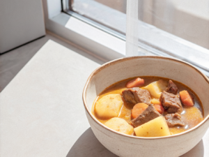 Rinderschmortopf mit Kürbissauce, Kartoffeln und Möhren in einer tiefen Keramikschale