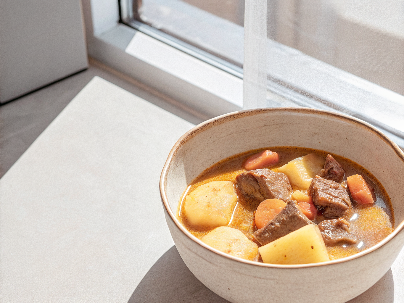 Rinderschmortopf mit Kürbissauce, Kartoffeln und Möhren in einer tiefen Keramikschale