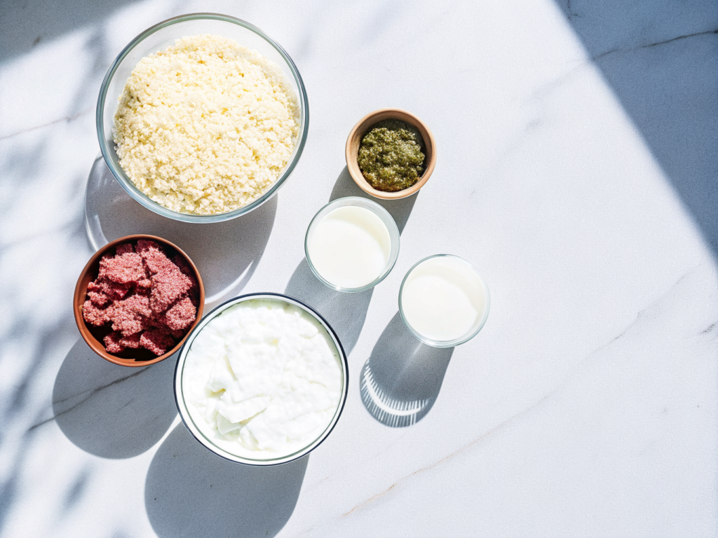 Kritharaki One Pot mit Rinderhack und Feta 2 Zutaten für Kritharaki One Pot mit Hackfleisch, Paprika, Feta und Ajvar auf einer Arbeitsfläche
