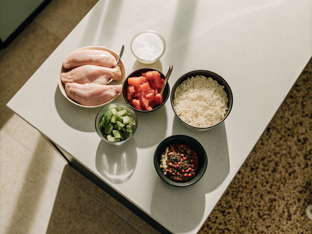 One-Pot-Burrito-Bowl mit Hähnchen und Reis 2 Zutaten für eine One-Pot-Burrito-Bowl mit Hähnchen und Reis auf einer Arbeitsfläche