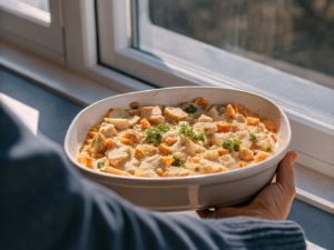 Cremige Spätzle mit Hähnchen, Lauch und Möhren in einer Schale, mit Petersilie bestreut.
