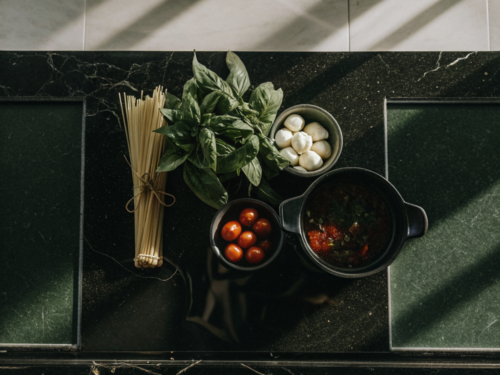 One-Pot-Pasta mit Tomaten und Mozzarella 2 Zutaten für One-Pot-Pasta mit Spaghetti, Tomaten, Mozzarella und Basilikum auf der Arbeitsfläche