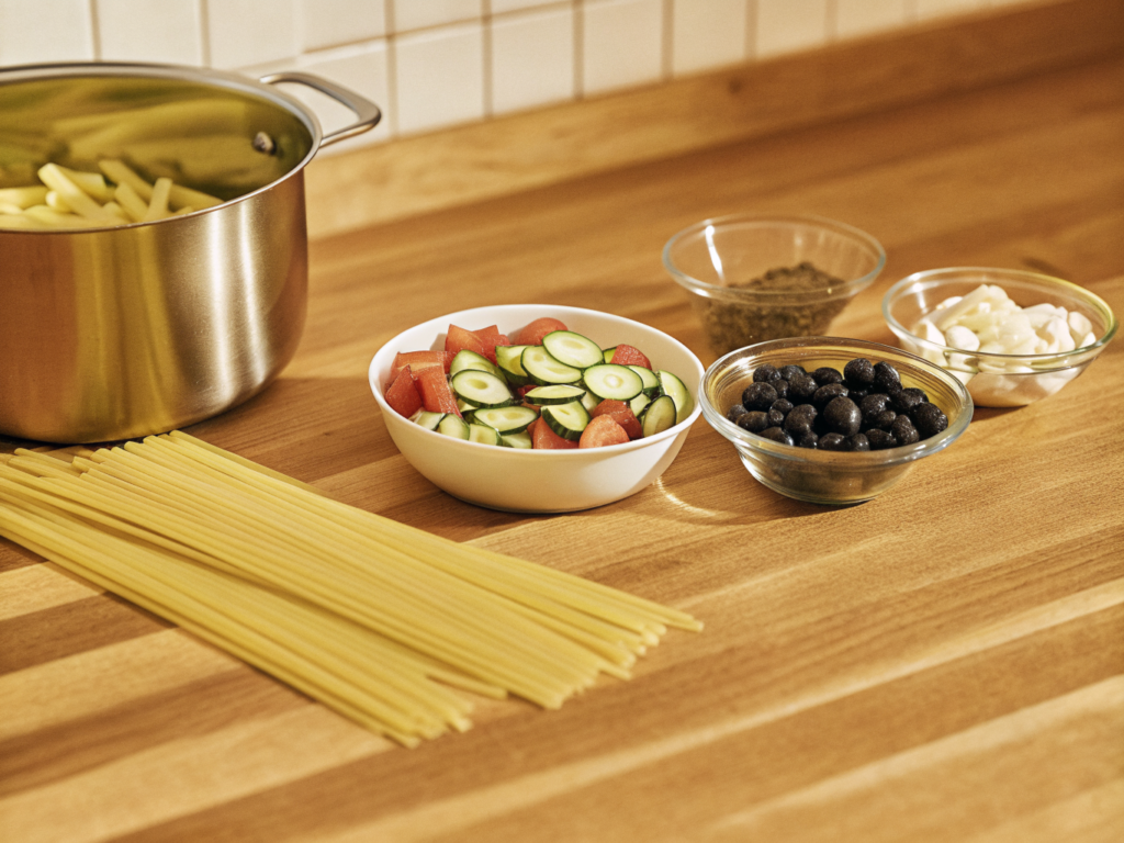 One-Pot-Pasta mit Zucchini und schwarzen Oliven 2 Zutaten für One-Pot-Pasta mit Penne, Zucchini, Oliven, Tomaten und Gemüsebrühe