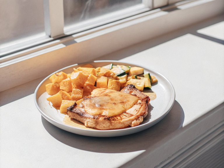 Schweinekoteletts mit Apfelsoße, gerösteten Süßkartoffeln und Zucchini auf einem Teller