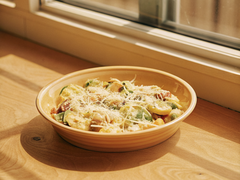 Cremige Tortellini-Pfanne mit grünem Gemüse, Champignons und geriebenem Hartkäse