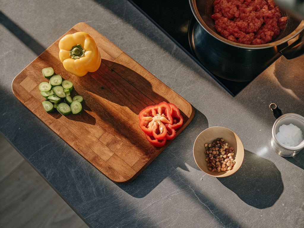 Orientalische Hackfleischpfanne mit Gurken-Joghurt-Dip 2 Zutaten für eine Hackfleischpfanne mit Gemüse, Ajvar, Pinienkernen und Joghurtdip