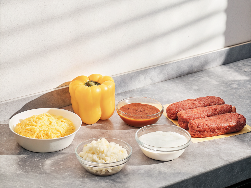 Paprika-Hack-Pfanne mit Feta und cremiger Sauce 2 Zutaten für eine Paprika-Hack-Pfanne mit Feta auf einer Arbeitsfläche