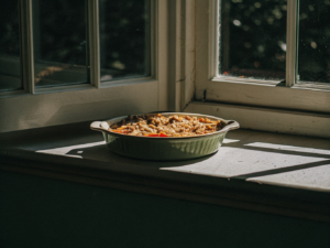 Teriyaki-Hähnchen-Auflauf mit Naturreis und Gemüse auf einem Keramikteller