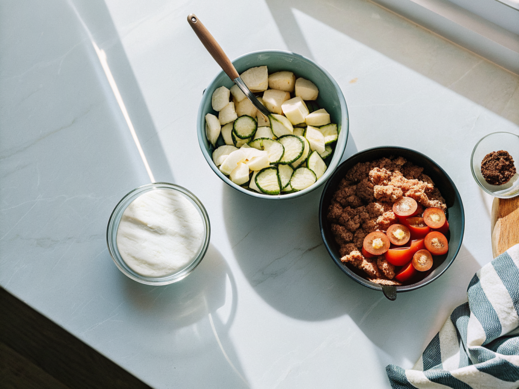 Gnocchiauflauf mit Hackfleisch und Mozzarella 2 Zutaten für Gnocchiauflauf mit Gnocchi, Zucchini, Tomaten, Hackfleisch und Mozzarella