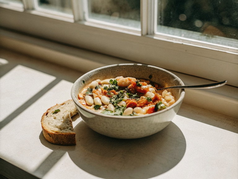 Bohneneintopf mit Cannellini-Bohnen, Tomaten und Chorizo in einer Keramikschale