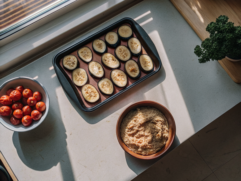 Aubergine mit Hummus-Kruste vom Grill 2 Auberginenscheiben, Hummus und Brotbrösel mit frischen Zutaten auf der Arbeitsfläche