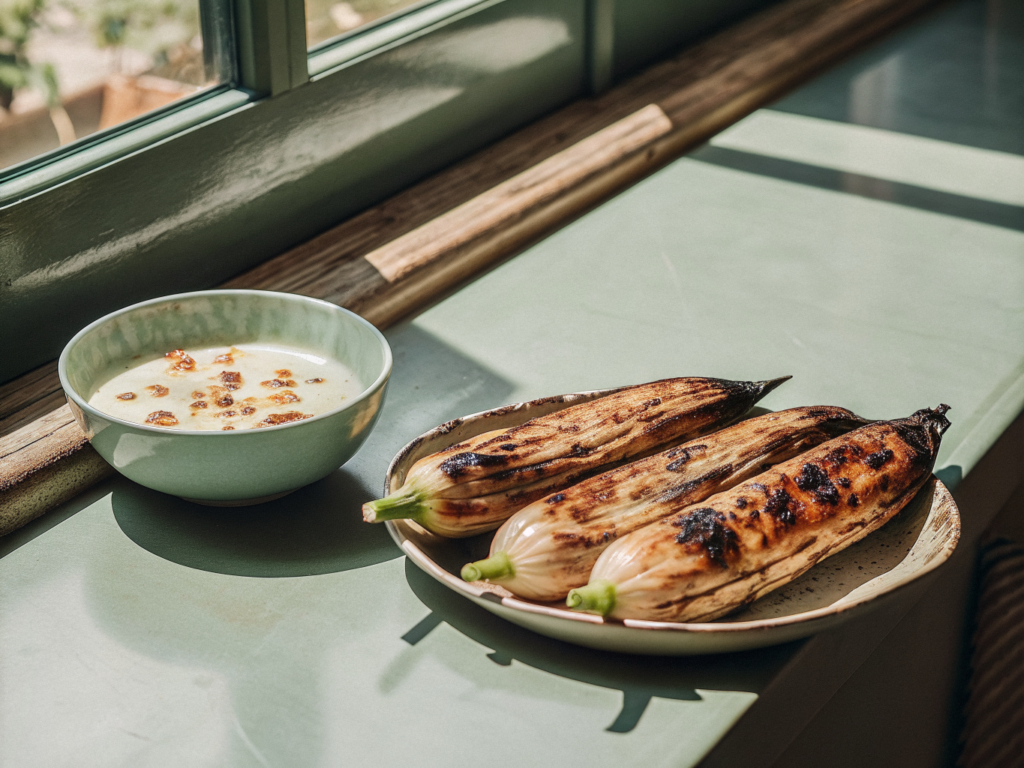 Gegrillte Auberginen mit Kokosmilch 2 Gegrillte Auberginen und Zutaten für die Kokosmilchsauce auf einer Arbeitsfläche