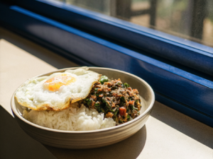 Pad Kra Pao mit Schweinehack, Basilikum, Jasminreis und knusprigem Spiegelei