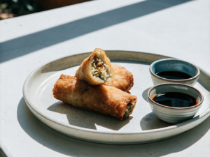 Goldbraune Egg Rolls mit sichtbarer Füllung und kleinen Schälchen mit Dip