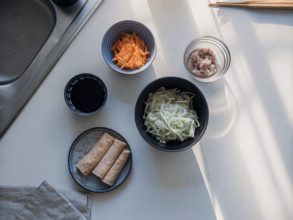Knusprige Egg Rolls aus dem Airfryer 2 Zutaten für Egg Rolls mit Teigblättern, Schweinehack, Kohl und Gemüse auf einer Arbeitsfläche