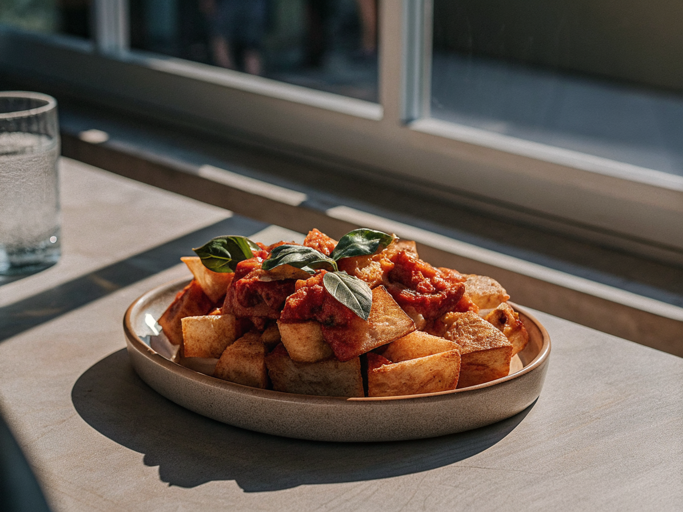 Patatas bravas aus dem Airfryer 1 Patatas bravas mit knusprigen Kartoffeln, Tomatensoße und Basilikum auf einer Servierplatte