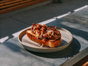 BBQ-Pulled-Chicken mit Zwiebeln auf einem gerösteten Baguette