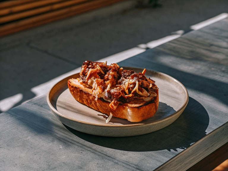BBQ-Pulled-Chicken mit Zwiebeln auf einem gerösteten Baguette