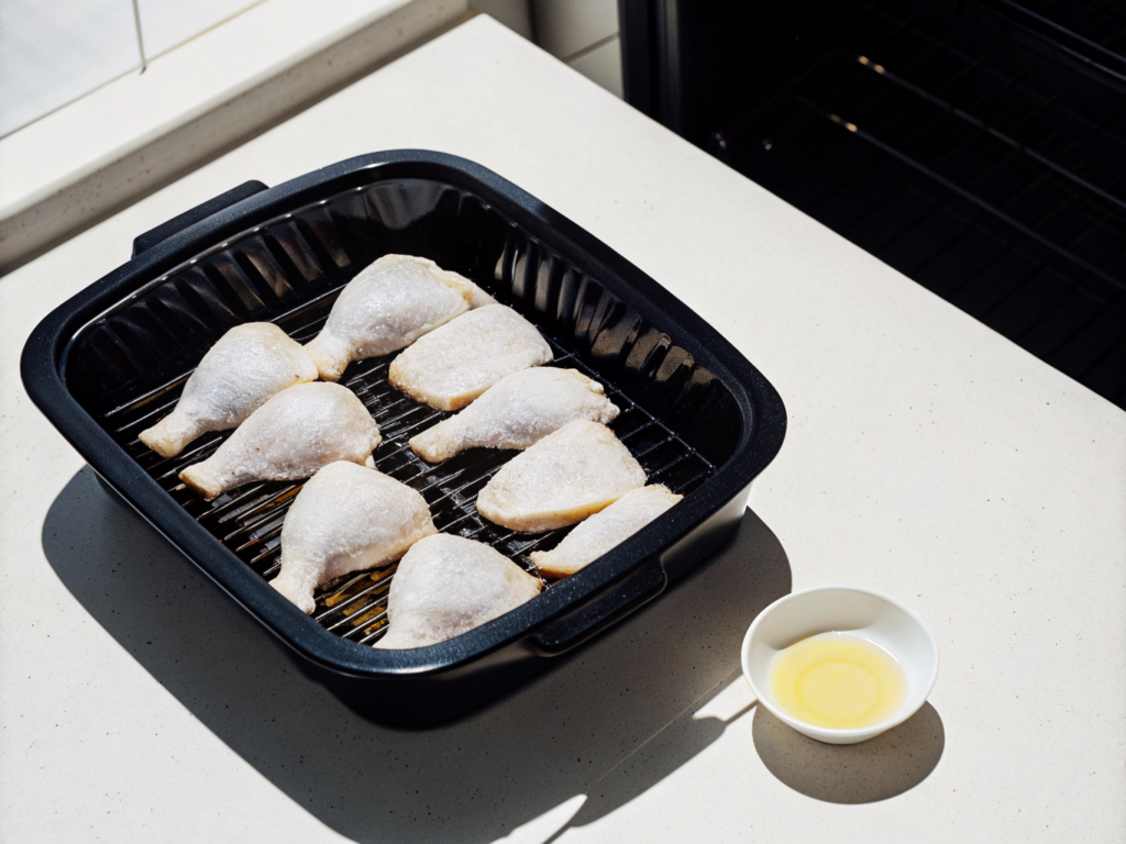 Knusprige Hähnchenoberkeulen aus dem Airfryer 2 Gewürzte Hähnchenoberkeulen auf zwei Airfryer-Backblechen neben Öl und Brathähnchengewürz