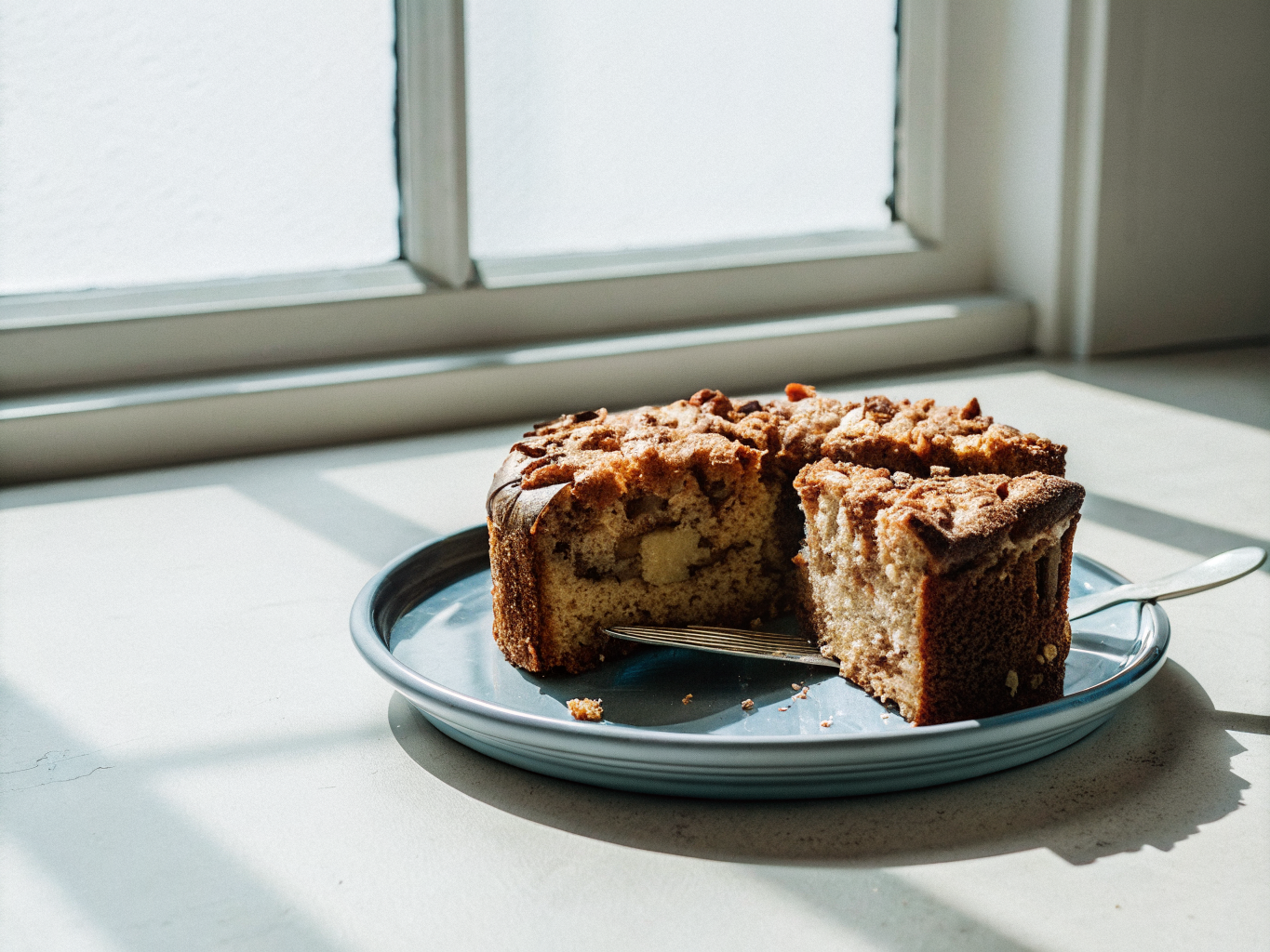 Apfelkuchen mit Haselnüssen aus dem Airfryer 1 Apfelkuchen mit Haselnüssen und Zimt in einer runden Springform, daneben ein Stück auf einem Teller