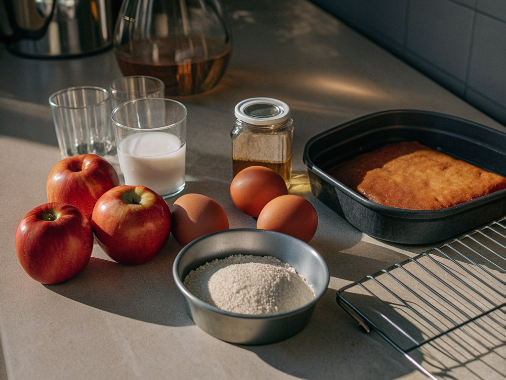 Apfelkuchen mit Haselnüssen aus dem Airfryer 2 Zutaten für Apfelkuchen mit Haselnüssen neben einer gefetteten Springform auf der Arbeitsfläche