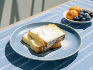 Goldbrauner French Toast aus Brioche mit Puderzucker, Beeren und Orangenspalten auf einem Teller