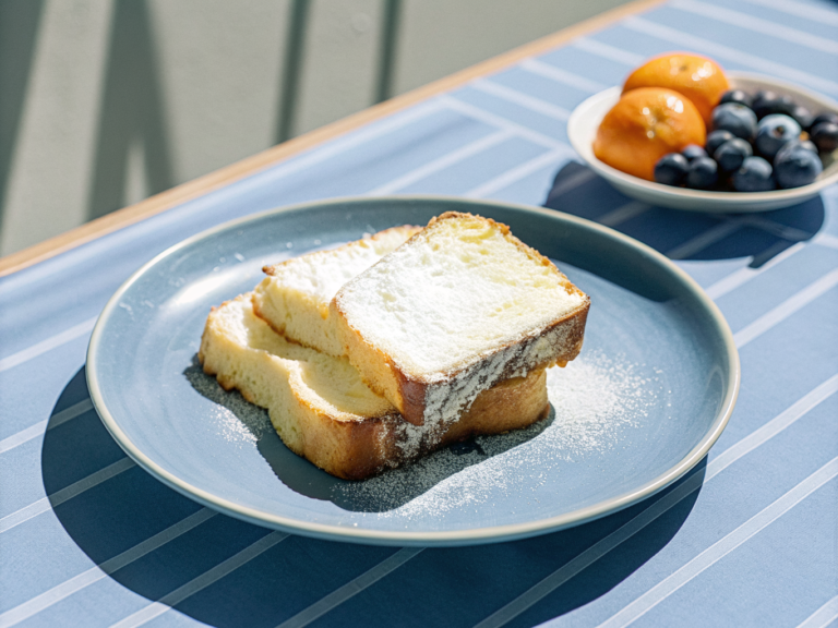 Goldbrauner French Toast aus Brioche mit Puderzucker, Beeren und Orangenspalten auf einem Teller