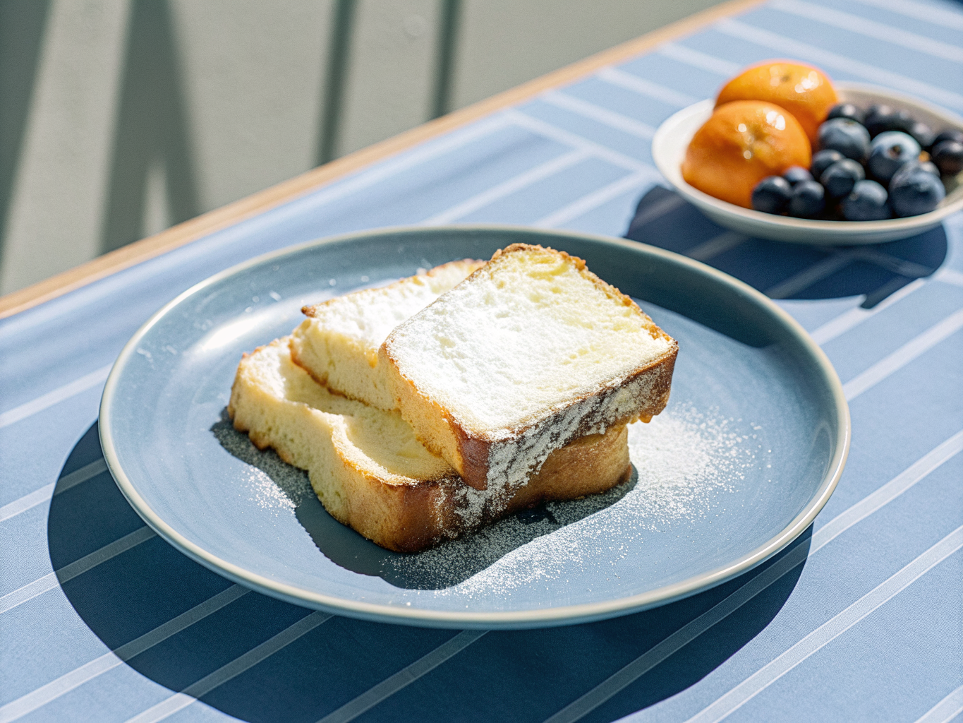 French Toast aus dem Airfryer mit Orange und Zimt 1 Goldbrauner French Toast aus Brioche mit Puderzucker, Beeren und Orangenspalten auf einem Teller