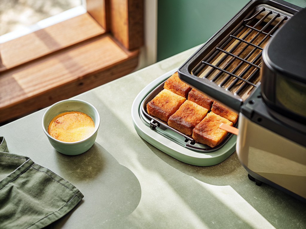 French Toast aus dem Airfryer mit Orange und Zimt 2 Brioche, Eiermischung mit Zimt und Orangenschale sowie eine kleine Form mit geschmolzener Butter