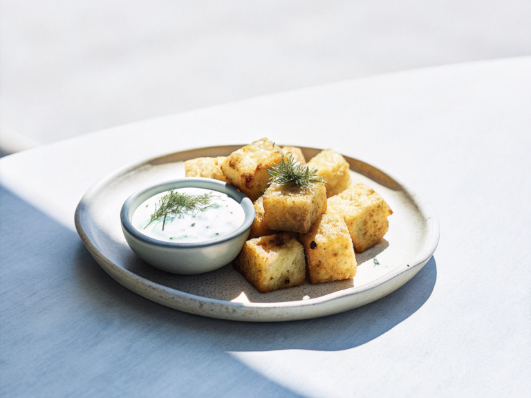 Goldbraune Kartoffelwürfel aus der Heißluftfritteuse mit Joghurt-Kapern-Dip