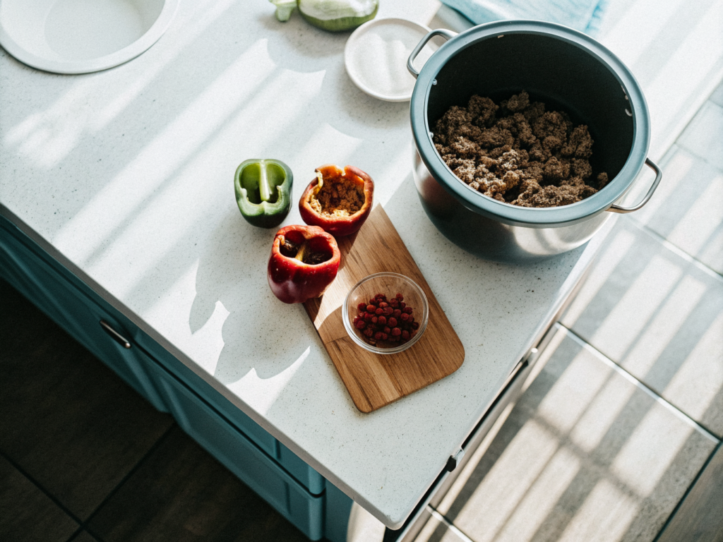 Chili con Carne aus dem Slow Cooker 2 Zutaten für Chili con Carne aus dem Slow Cooker auf einer Küchenarbeitsfläche