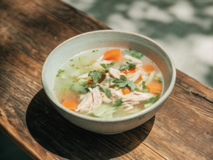 Hühnersuppe mit zartem Hühnerfleisch, Gemüse und Petersilie in einer Keramikschale
