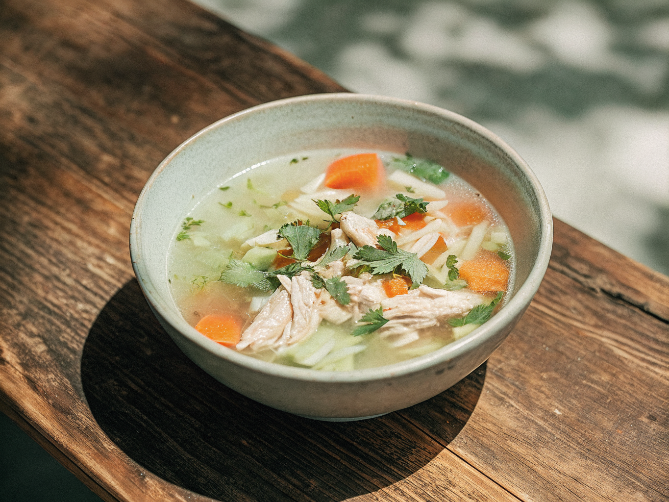 Hühnersuppe aus dem Schnellkochtopf 1 Hühnersuppe mit zartem Hühnerfleisch, Gemüse und Petersilie in einer Keramikschale