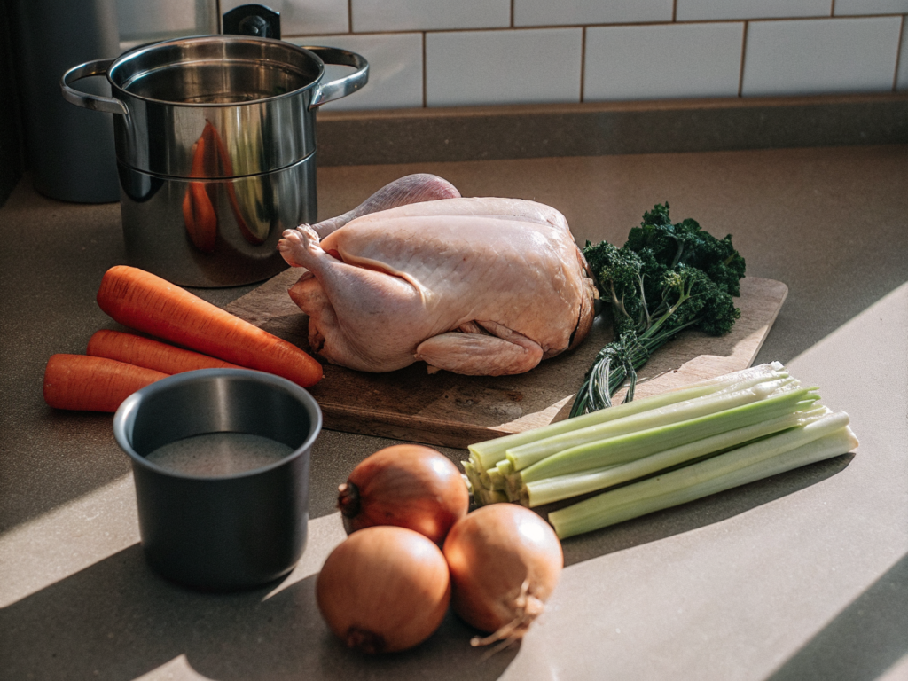 Hühnersuppe aus dem Schnellkochtopf 2 Suppenhuhn, Suppengemüse, Petersilie und Brühe für die Zubereitung im Schnellkochtopf