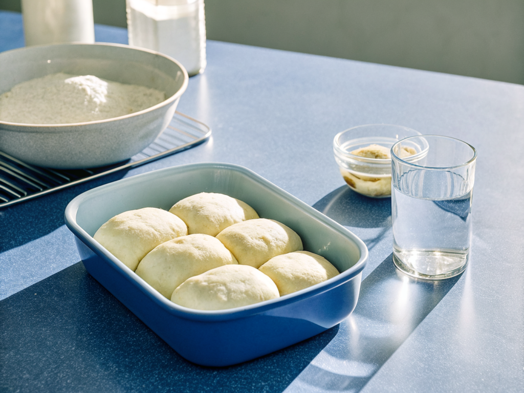 Einfache Brötchen aus Hefeteig 2 Mehl, frische Hefe, Salz und warmes Wasser auf einer Küchenarbeitsfläche