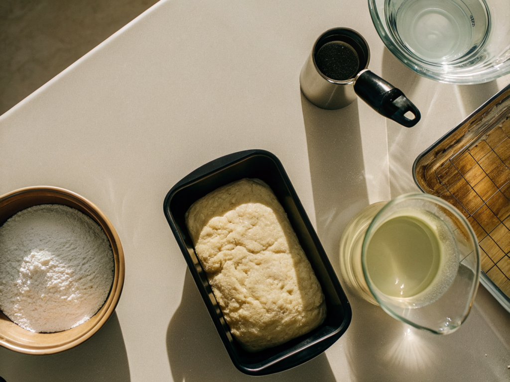 Brötchen ohne Kneten mit langer Teigruhe 2 Weicher Brötchenteig in einer Dose neben Mehl, Salz, Zucker, Hefe und Wasser