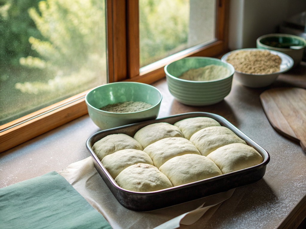 Brötchen über Nacht mit knuspriger Kruste 2 Acht bemehlte Brötchenteiglinge auf Backpapier neben Weizen- und Roggenmehl