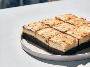 Stücke vom Blechkuchen mit Schokoboden, Vanillecreme und karamellisierten Mandelstiften auf einem Teller