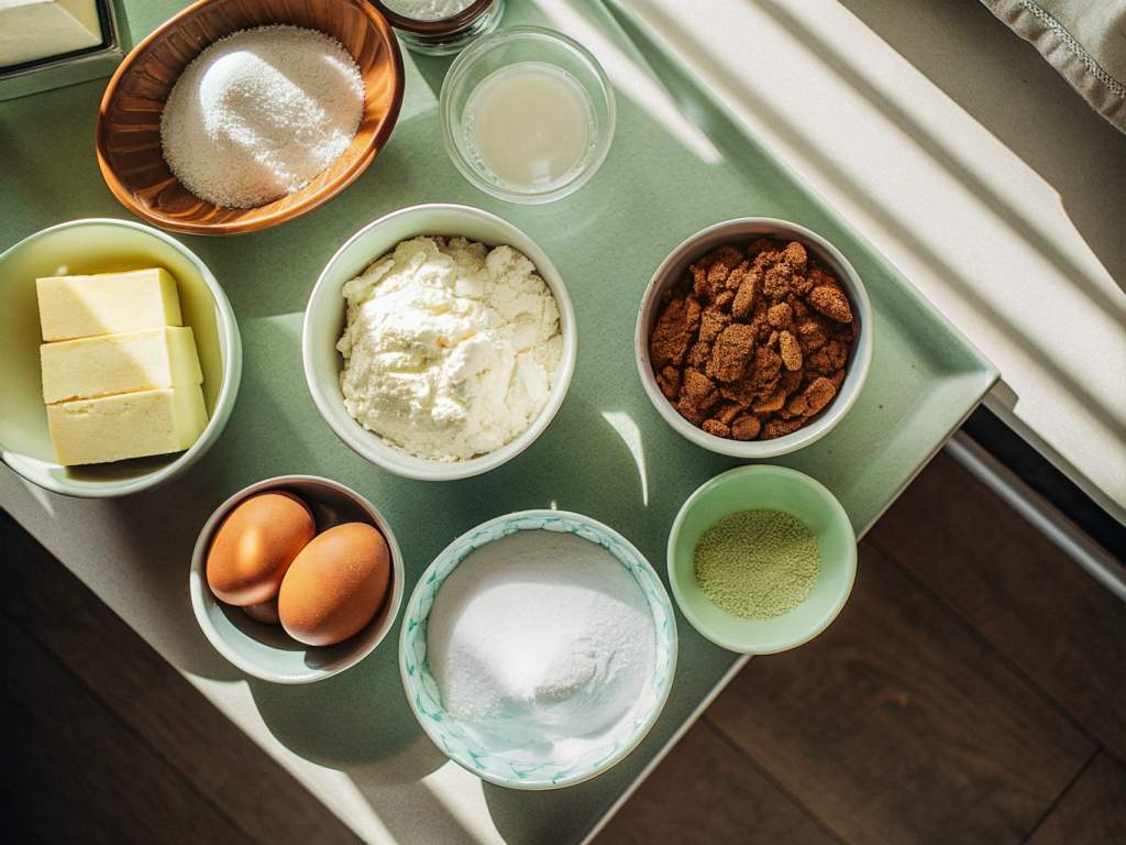 Gebrannte-Mandel-Blechkuchen mit Schmandcreme 2 Zutaten für den Mandel-Blechkuchen ordentlich auf einer Küchenarbeitsfläche angerichtet